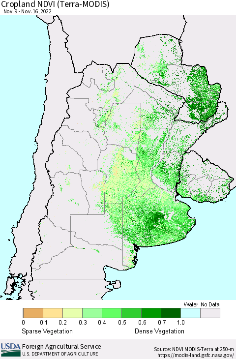 Southern South America Cropland NDVI (Terra-MODIS) Thematic Map For 11/11/2022 - 11/20/2022