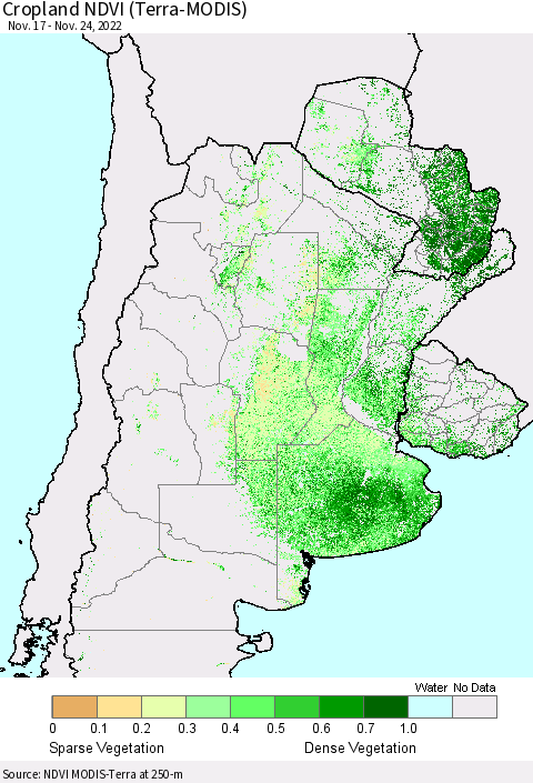 Southern South America Cropland NDVI (Terra-MODIS) Thematic Map For 11/17/2022 - 11/24/2022