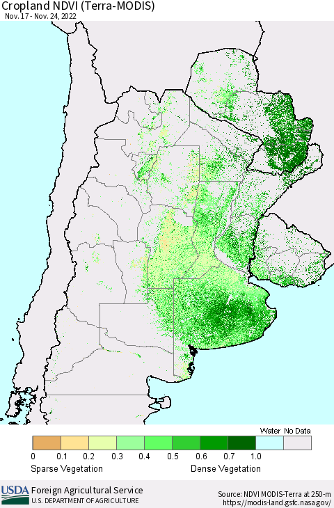 Southern South America Cropland NDVI (Terra-MODIS) Thematic Map For 11/21/2022 - 11/30/2022