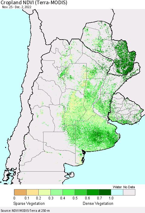 Southern South America Cropland NDVI (Terra-MODIS) Thematic Map For 11/25/2022 - 12/2/2022