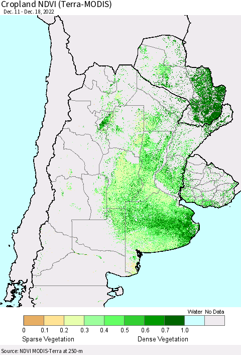 Southern South America Cropland NDVI (Terra-MODIS) Thematic Map For 12/11/2022 - 12/18/2022