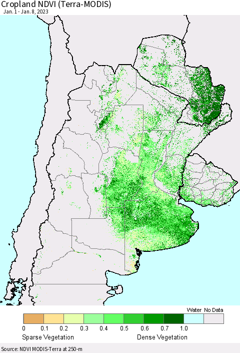 Southern South America Cropland NDVI (Terra-MODIS) Thematic Map For 1/1/2023 - 1/8/2023