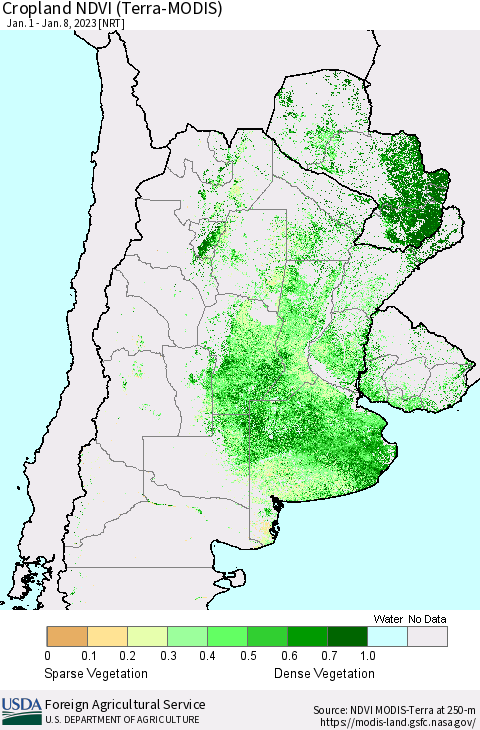 Southern South America Cropland NDVI (Terra-MODIS) Thematic Map For 1/1/2023 - 1/10/2023