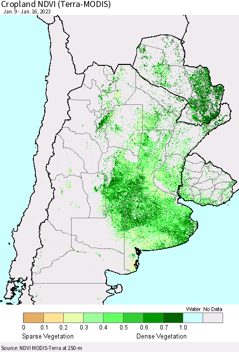 Southern South America Cropland NDVI (Terra-MODIS) Thematic Map For 1/9/2023 - 1/16/2023
