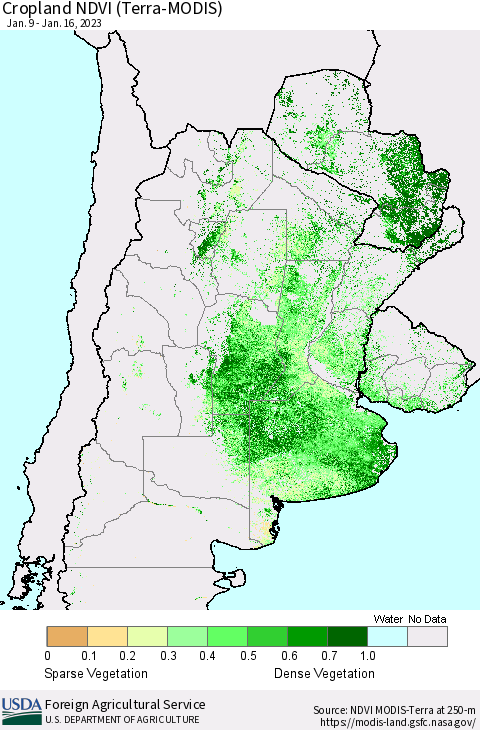 Southern South America Cropland NDVI (Terra-MODIS) Thematic Map For 1/11/2023 - 1/20/2023