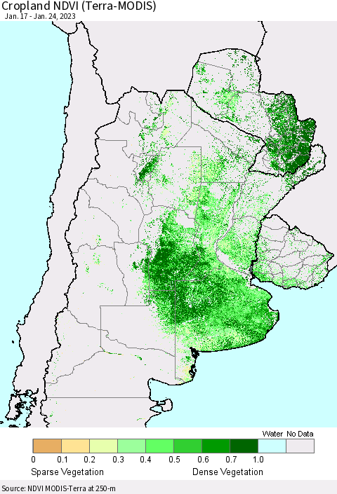 Southern South America Cropland NDVI (Terra-MODIS) Thematic Map For 1/17/2023 - 1/24/2023