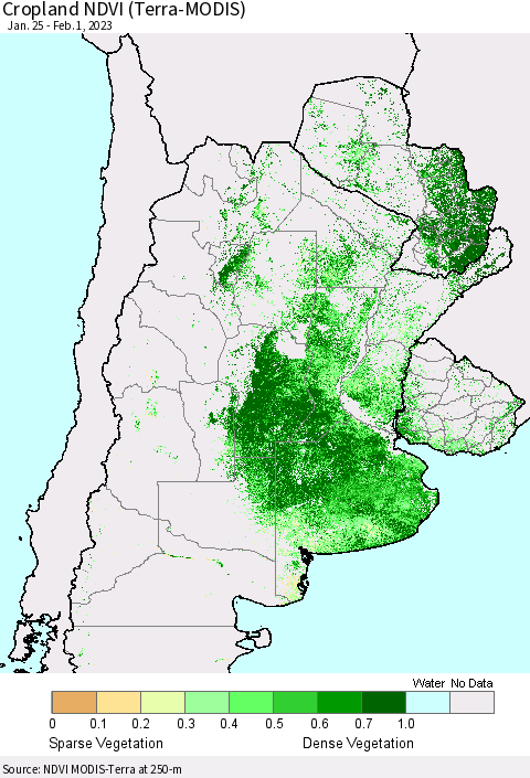 Southern South America Cropland NDVI (Terra-MODIS) Thematic Map For 1/25/2023 - 2/1/2023
