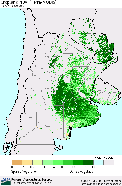 Southern South America Cropland NDVI (Terra-MODIS) Thematic Map For 2/1/2023 - 2/10/2023