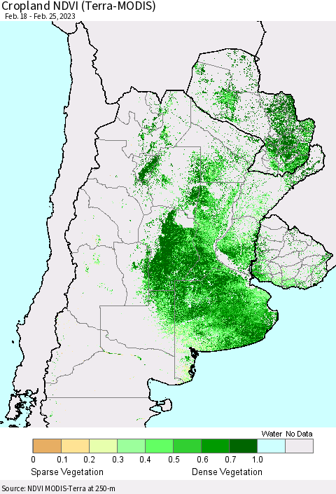 Southern South America Cropland NDVI (Terra-MODIS) Thematic Map For 2/18/2023 - 2/25/2023
