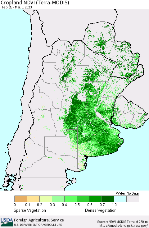 Southern South America Cropland NDVI (Terra-MODIS) Thematic Map For 3/1/2023 - 3/10/2023