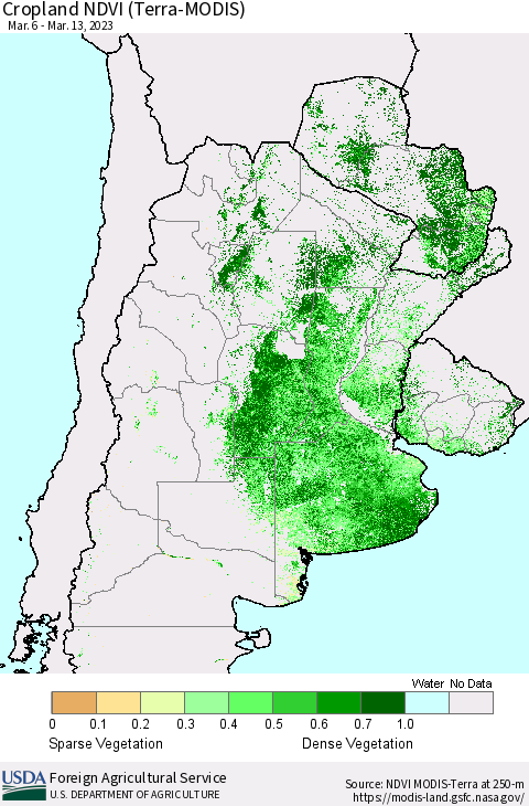 Southern South America Cropland NDVI (Terra-MODIS) Thematic Map For 3/11/2023 - 3/20/2023