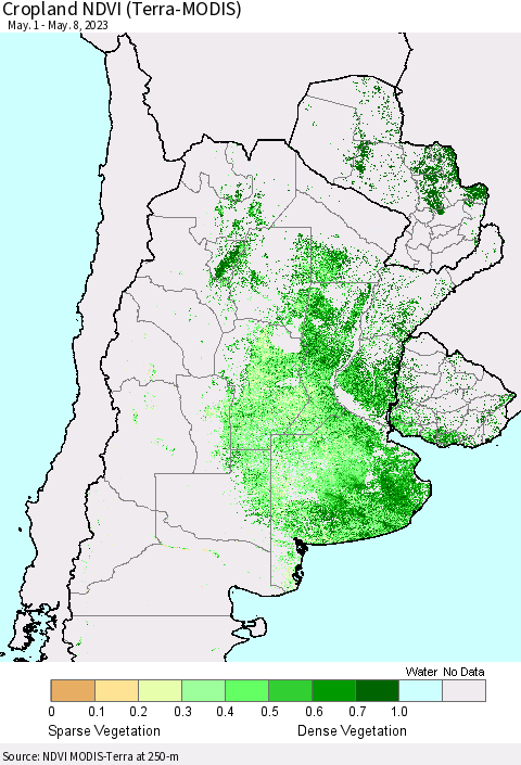 Southern South America Cropland NDVI (Terra-MODIS) Thematic Map For 5/1/2023 - 5/8/2023
