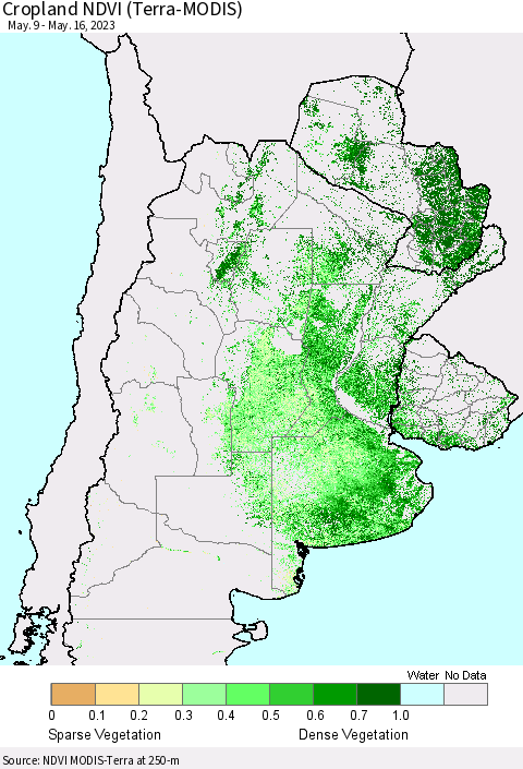 Southern South America Cropland NDVI (Terra-MODIS) Thematic Map For 5/9/2023 - 5/16/2023
