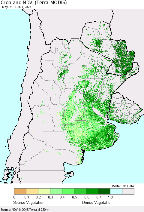 Southern South America Cropland NDVI (Terra-MODIS) Thematic Map For 5/25/2023 - 6/1/2023