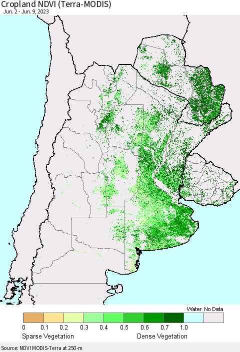 Southern South America Cropland NDVI (Terra-MODIS) Thematic Map For 6/2/2023 - 6/9/2023