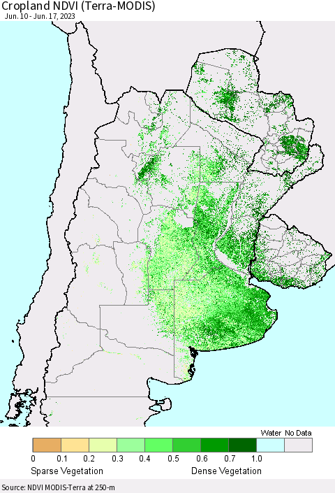 Southern South America Cropland NDVI (Terra-MODIS) Thematic Map For 6/10/2023 - 6/17/2023