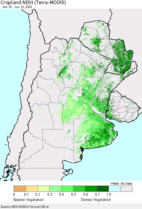 Southern South America Cropland NDVI (Terra-MODIS) Thematic Map For 6/18/2023 - 6/25/2023