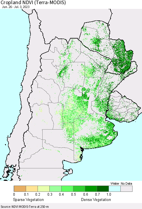 Southern South America Cropland NDVI (Terra-MODIS) Thematic Map For 6/26/2023 - 7/3/2023