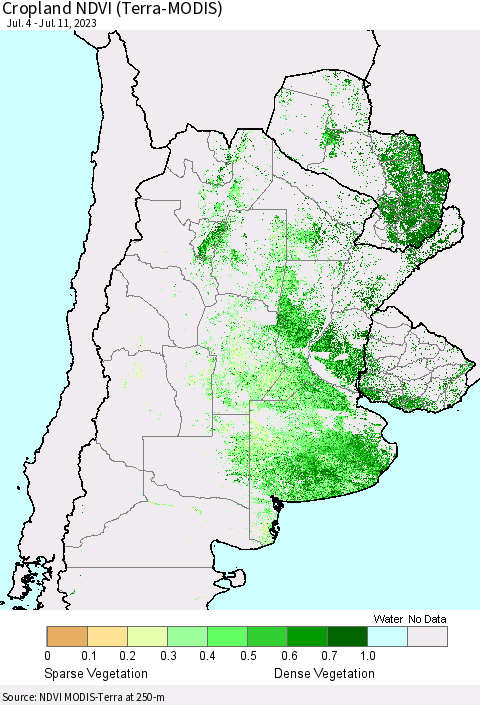Southern South America Cropland NDVI (Terra-MODIS) Thematic Map For 7/4/2023 - 7/11/2023