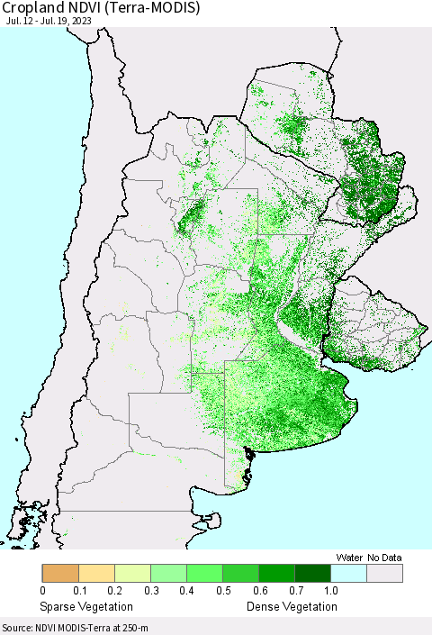Southern South America Cropland NDVI (Terra-MODIS) Thematic Map For 7/12/2023 - 7/19/2023