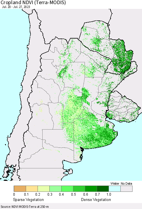 Southern South America Cropland NDVI (Terra-MODIS) Thematic Map For 7/20/2023 - 7/27/2023
