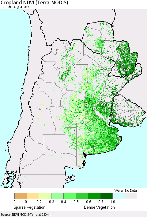 Southern South America Cropland NDVI (Terra-MODIS) Thematic Map For 7/28/2023 - 8/4/2023