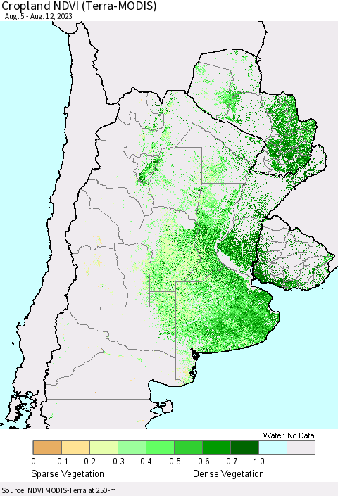 Southern South America Cropland NDVI (Terra-MODIS) Thematic Map For 8/5/2023 - 8/12/2023