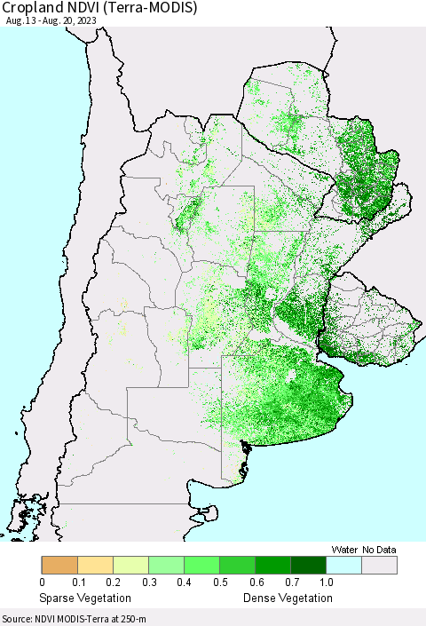 Southern South America Cropland NDVI (Terra-MODIS) Thematic Map For 8/13/2023 - 8/20/2023