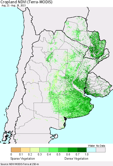 Southern South America Cropland NDVI (Terra-MODIS) Thematic Map For 8/21/2023 - 8/28/2023