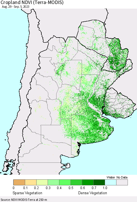 Southern South America Cropland NDVI (Terra-MODIS) Thematic Map For 8/29/2023 - 9/5/2023