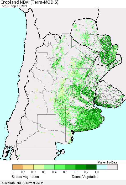 Southern South America Cropland NDVI (Terra-MODIS) Thematic Map For 9/6/2023 - 9/13/2023