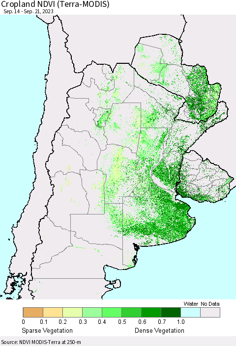 Southern South America Cropland NDVI (Terra-MODIS) Thematic Map For 9/14/2023 - 9/21/2023