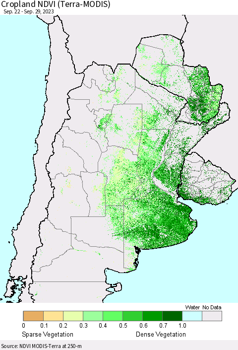 Southern South America Cropland NDVI (Terra-MODIS) Thematic Map For 9/22/2023 - 9/29/2023