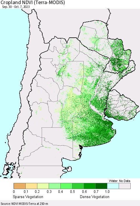 Southern South America Cropland NDVI (Terra-MODIS) Thematic Map For 9/30/2023 - 10/7/2023