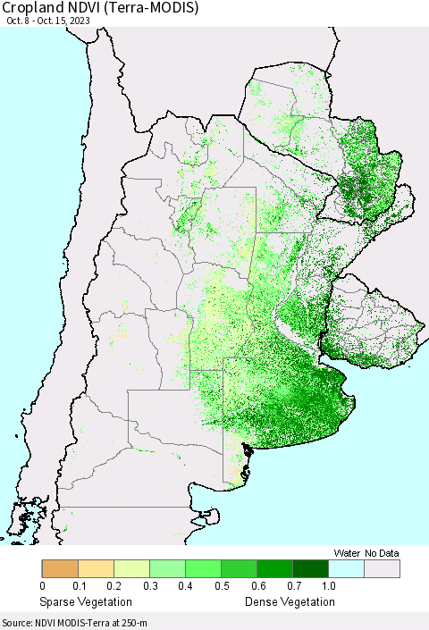 Southern South America Cropland NDVI (Terra-MODIS) Thematic Map For 10/8/2023 - 10/15/2023