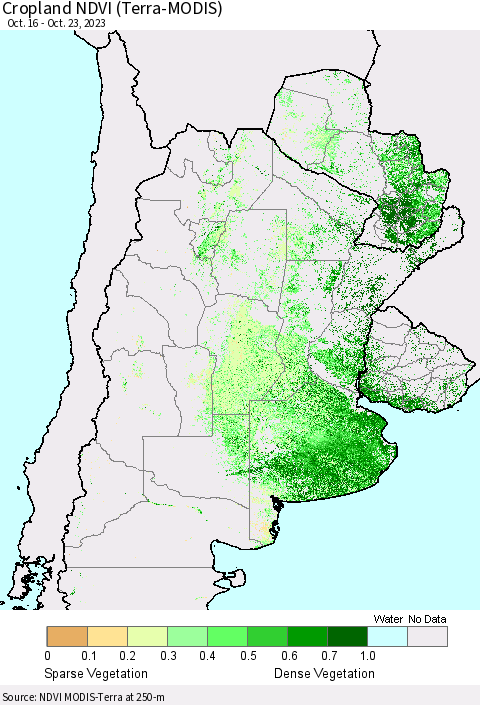 Southern South America Cropland NDVI (Terra-MODIS) Thematic Map For 10/16/2023 - 10/23/2023