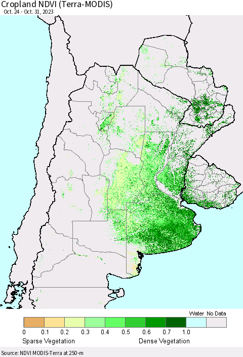 Southern South America Cropland NDVI (Terra-MODIS) Thematic Map For 10/24/2023 - 10/31/2023