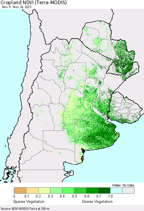 Southern South America Cropland NDVI (Terra-MODIS) Thematic Map For 11/9/2023 - 11/16/2023