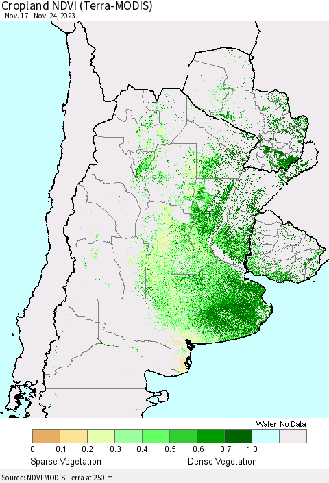 Southern South America Cropland NDVI (Terra-MODIS) Thematic Map For 11/17/2023 - 11/24/2023