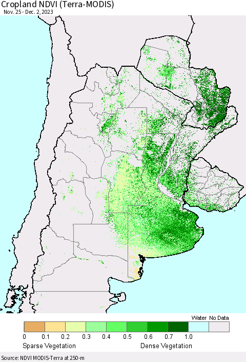 Southern South America Cropland NDVI (Terra-MODIS) Thematic Map For 11/25/2023 - 12/2/2023