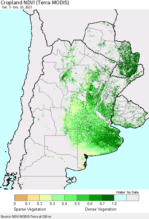 Southern South America Cropland NDVI (Terra-MODIS) Thematic Map For 12/3/2023 - 12/10/2023