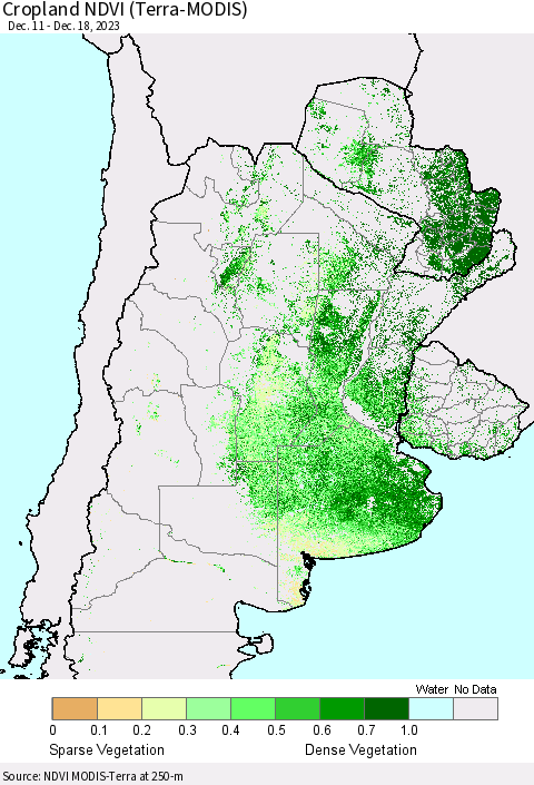 Southern South America Cropland NDVI (Terra-MODIS) Thematic Map For 12/11/2023 - 12/18/2023