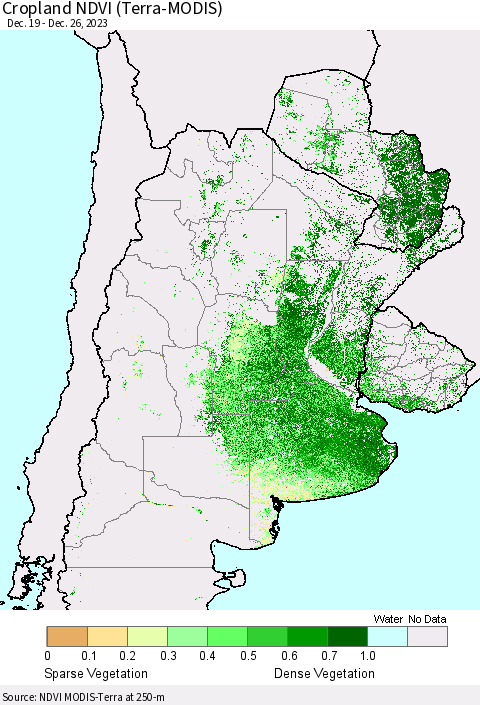 Southern South America Cropland NDVI (Terra-MODIS) Thematic Map For 12/19/2023 - 12/26/2023