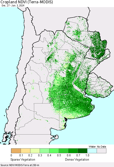 Southern South America Cropland NDVI (Terra-MODIS) Thematic Map For 12/27/2023 - 1/3/2024