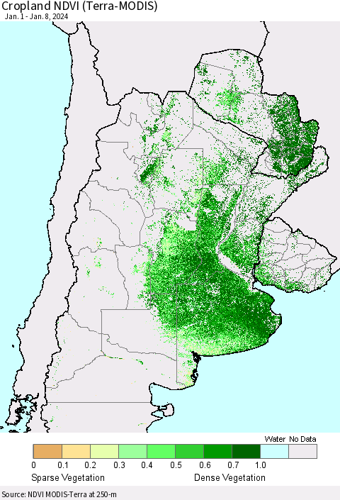 Southern South America Cropland NDVI (Terra-MODIS) Thematic Map For 1/1/2024 - 1/8/2024