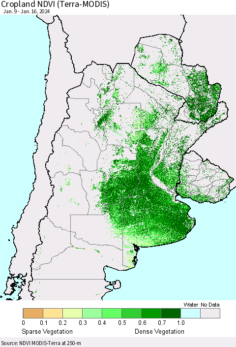 Southern South America Cropland NDVI (Terra-MODIS) Thematic Map For 1/9/2024 - 1/16/2024