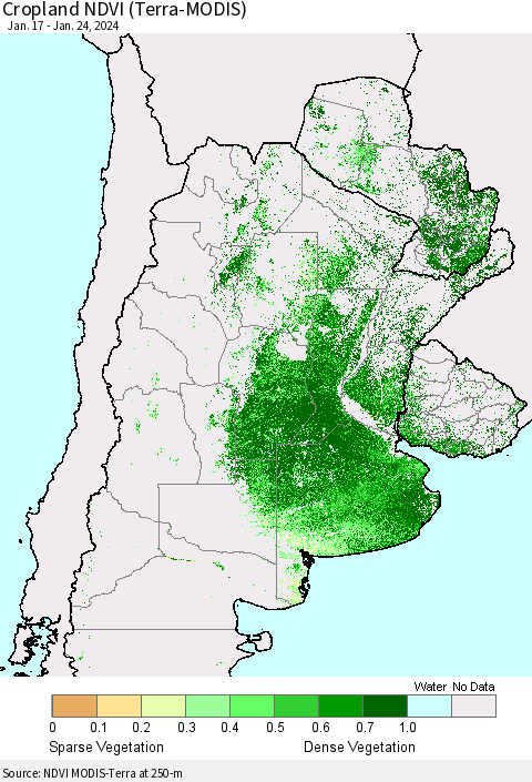 Southern South America Cropland NDVI (Terra-MODIS) Thematic Map For 1/17/2024 - 1/24/2024