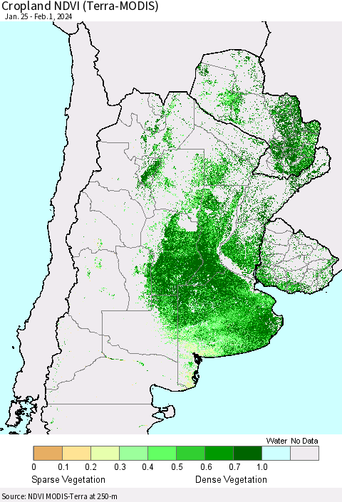 Southern South America Cropland NDVI (Terra-MODIS) Thematic Map For 1/25/2024 - 2/1/2024