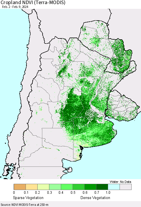 Southern South America Cropland NDVI (Terra-MODIS) Thematic Map For 2/2/2024 - 2/9/2024