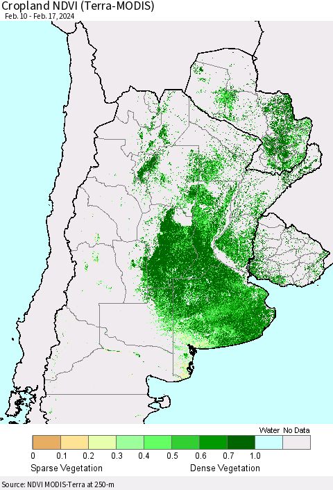 Southern South America Cropland NDVI (Terra-MODIS) Thematic Map For 2/10/2024 - 2/17/2024